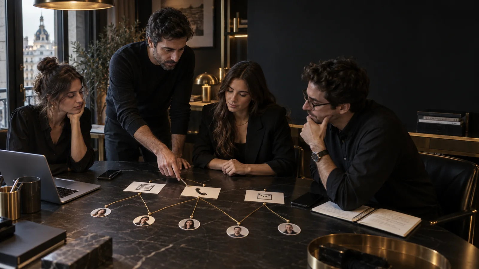 Un equipo conecta formularios, llamadas y mensajes con responsables claros sobre una mesa de trabajo.