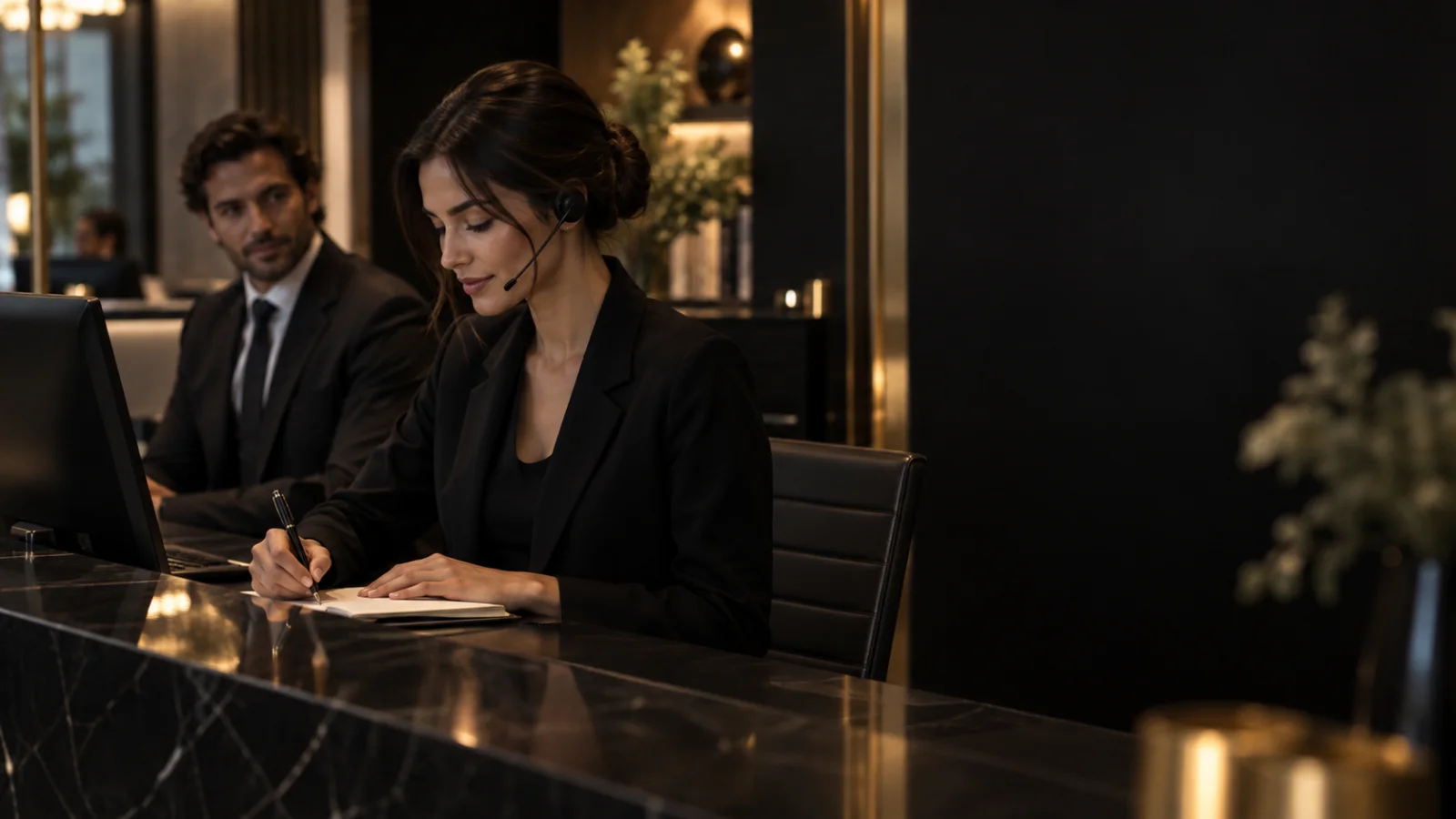 Una recepcionista recoge por teléfono el motivo de una consulta y prepara el aviso para el equipo.