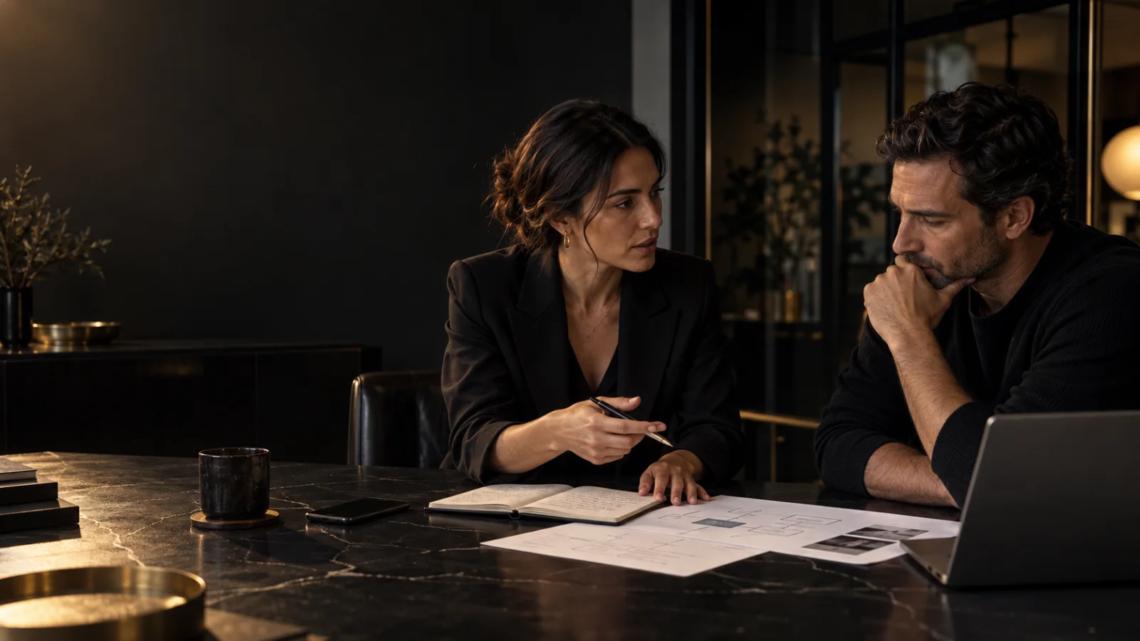 Una consultora de AUREA y un empresario dibujan juntos el recorrido real de una consulta.